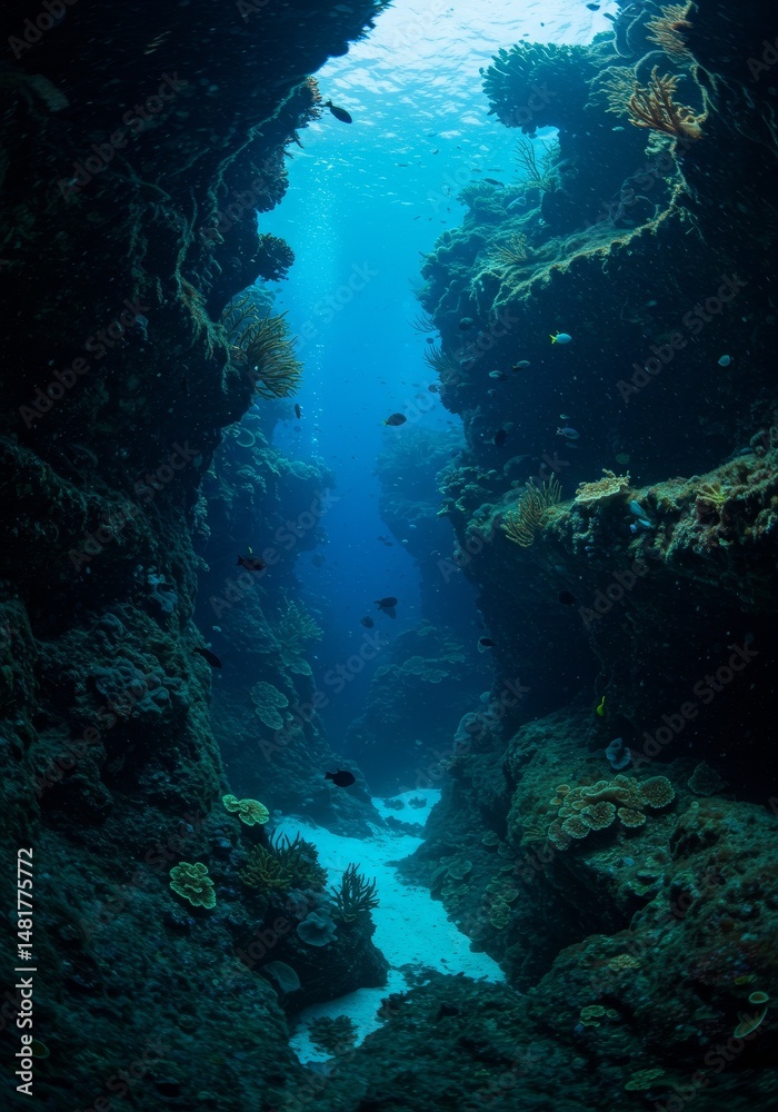 Fototapeta premium Photo: Deep Blue Crevice in Coral Reef With Sun Rays