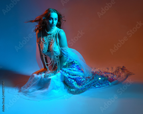 Fotografie Fantasy studio portrait of a red-haired mermaid faery model wearing white pearl gown, fairytale costume