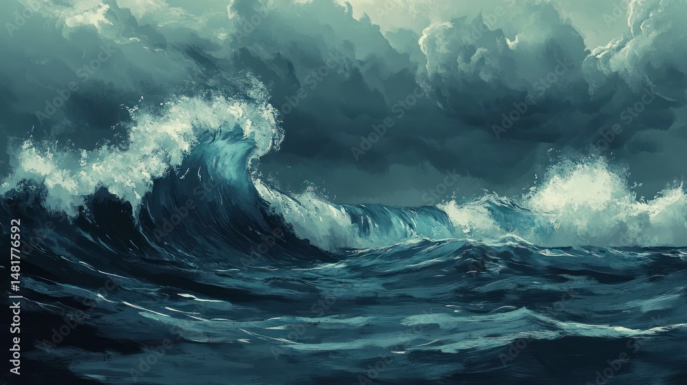 Fototapeta premium Ocean's Fury: A Dramatic Seascape Painting