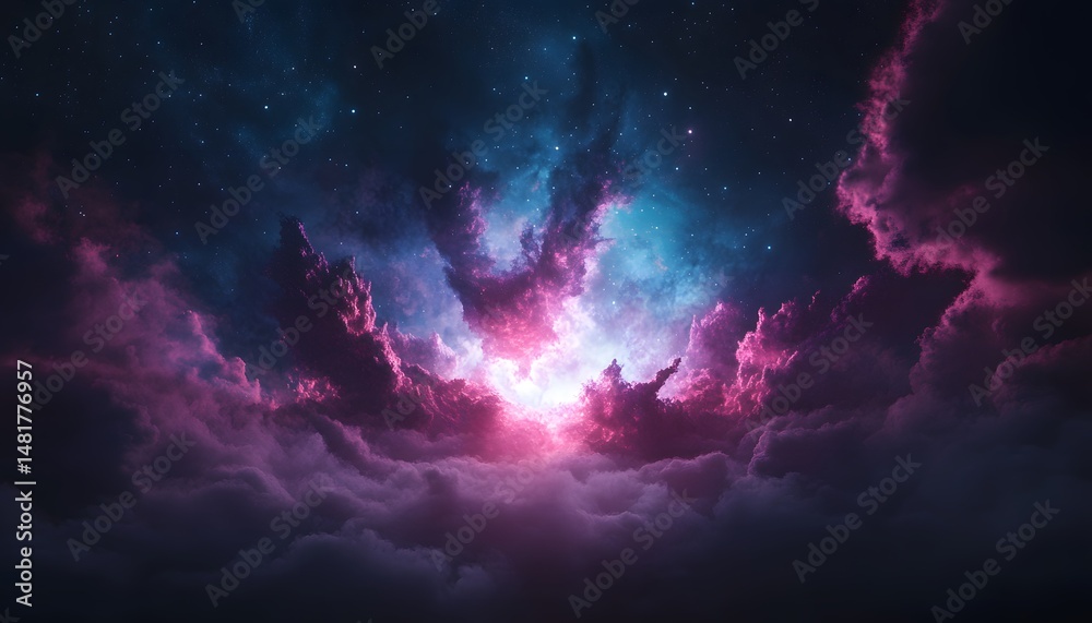 Fototapeta premium Nebulous Dreams: Starry Sky with Pink Clouds and Cosmic Glow Digital Art