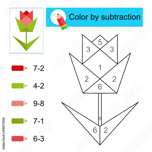 Coloring pages. Color by subtraction. Cartoon red rose.