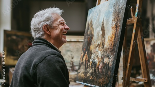 Senior man enjoys his painting: art studio passion