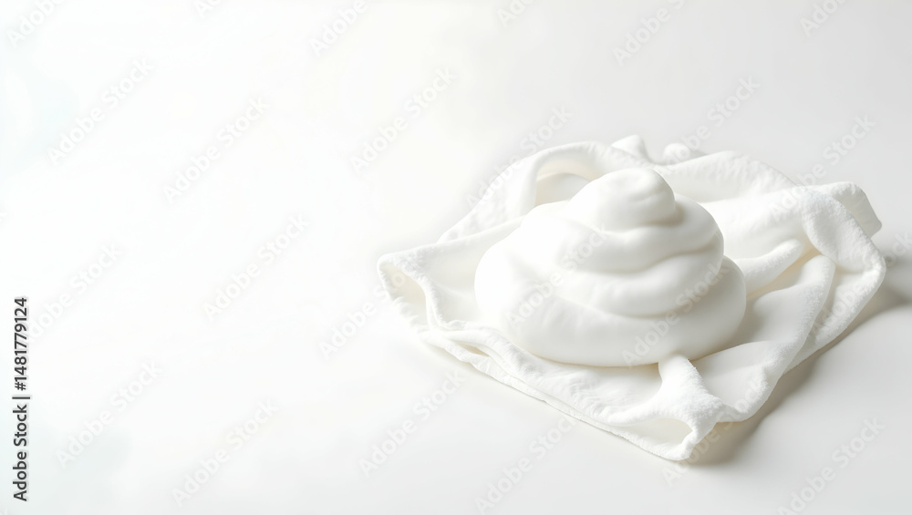 Obraz premium Minimalist presentation of creamy skincare foam atop a soft, white towel against a bright pristine setting radiating cleanliness and gentle personal care concept