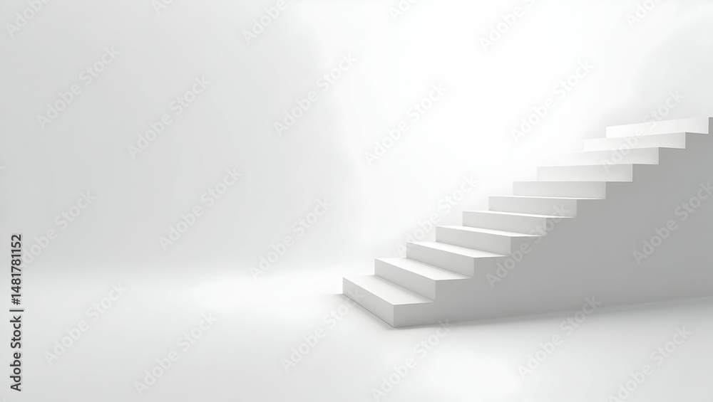 Obraz premium Monochrome stairway leading upwards representing progress, ambition, minimalist design concept, rendered with pristine white steps in a bright atmosphere