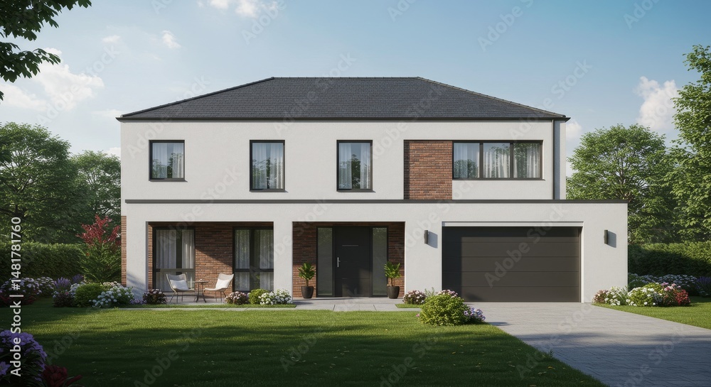 Obraz premium 3D Render Modern Two-Story Suburban House Exterior