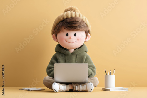 Smiling Boy in Hat Using Laptop, 3D Render, Illustration