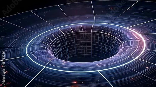 Wired gravity Bent Spacetime hole. Warped Grid Wormhole Funnel Dimensional Relativity motion graphics 3d animation. 4K Seamless Loop Animation Background, Generative AI