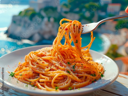 An aesthetic Italian plate with spaghetti resting on the wall of a balcony of a typical minimalist  house, with the sea in the background. A hand with a fork lifts the twirled spaghetti.
