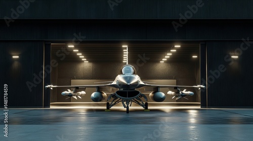 Military jet in hangar with open automatic doors modern aircraft inside building background aerospace and defense concept