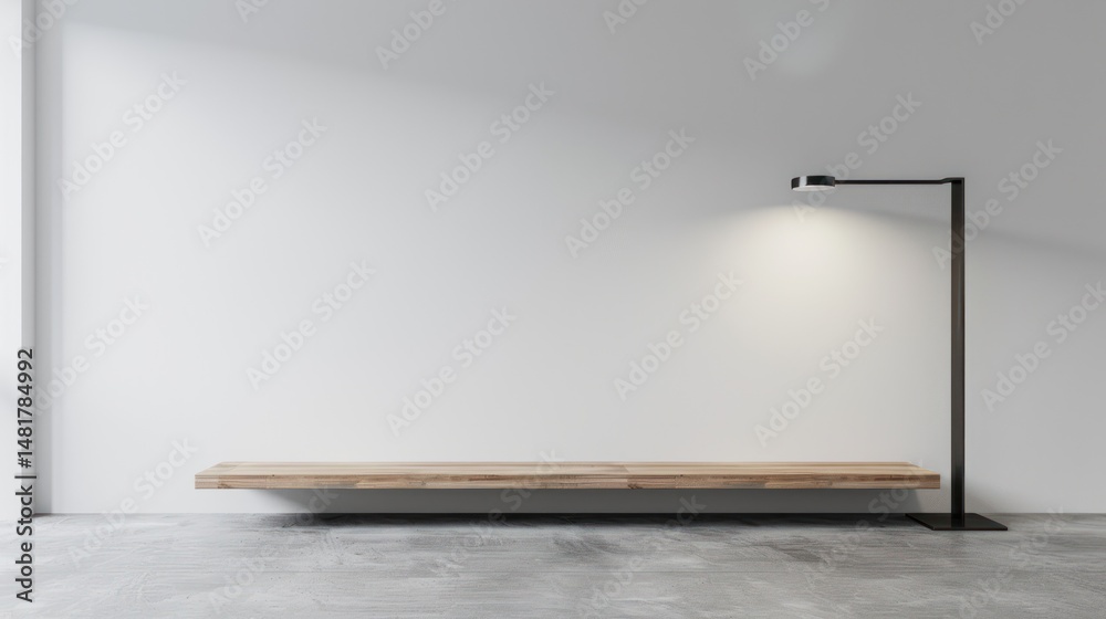 Fototapeta premium Modern minimalist room, floating shelf, floor lamp