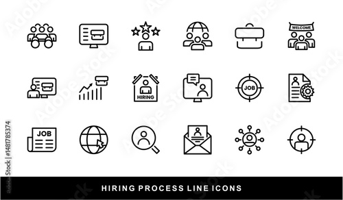 Hiring Process Line Icons. Recruitment, Job Application, Interview, Candidate Selection Vector Set