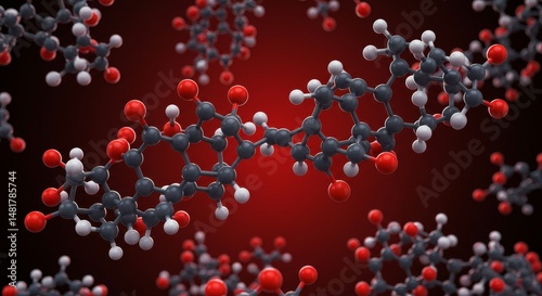 3D Render of Molecules on Red Background Illustration