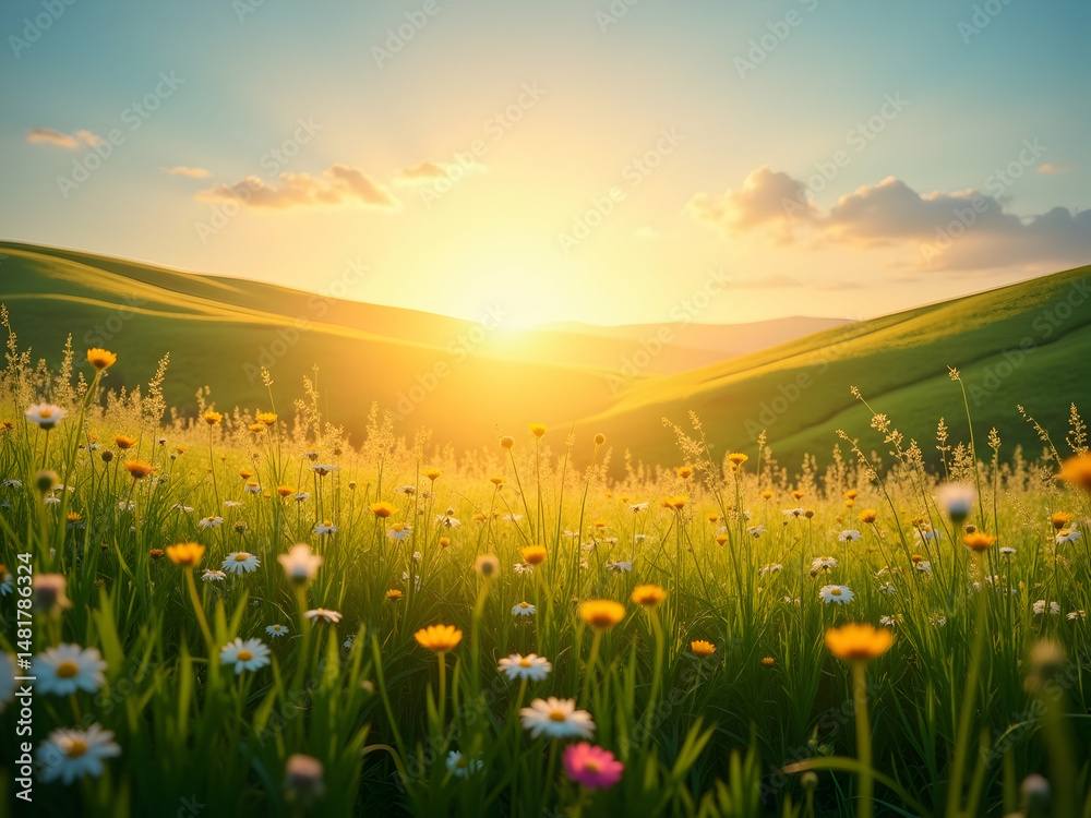 Obraz premium Radiant Sunrise Over Rolling Hills and Wildflower Meadow, A Warm Embrace of Nature's Beauty, Capturing Serenity and the Dawn of a New Day with Golden Light