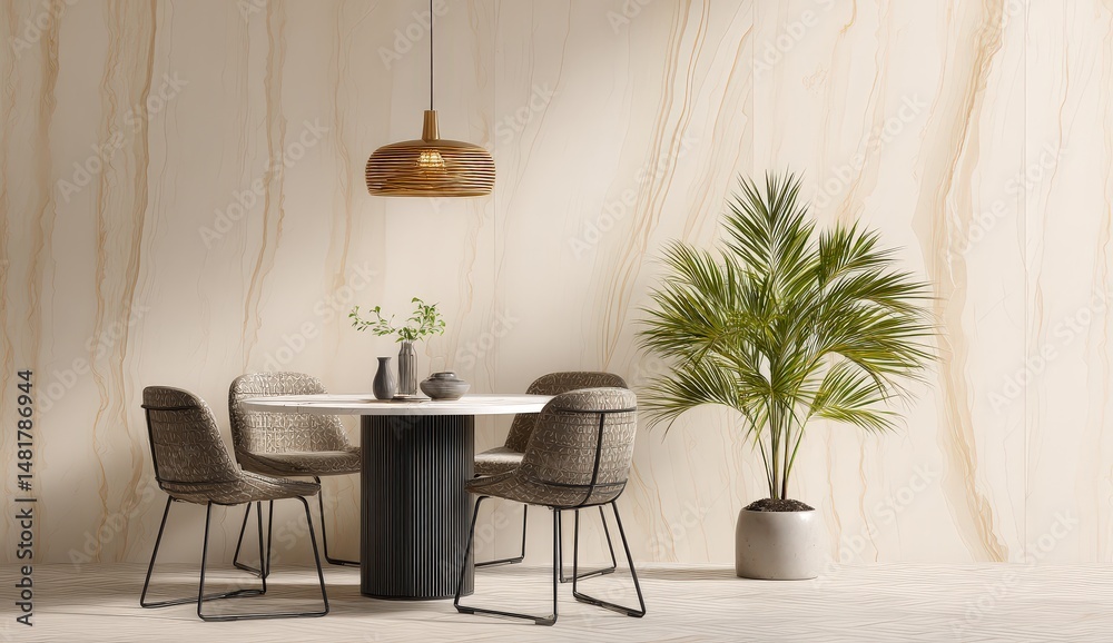 Fototapeta premium Modern dining area with elegant round table and plants.