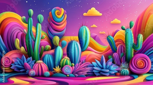 Colorful cartoon desert landscape: psychedelic cacti art background 
