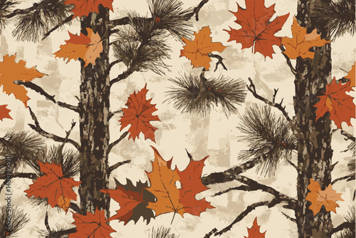 Real-tree camouflage pattern, with autumn leaves and pine tree. Seamless repeating pattern for outdoor activities and military purpose