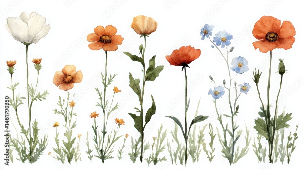 Fototapeta premium Minimalist Watercolor Floral Composition with Wildflowers