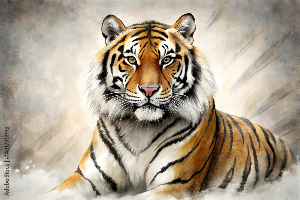 Naklejka premium Tiger in Traditional Japanese Sumi-e Ink Style – Minimalist Brush Painting Illustration