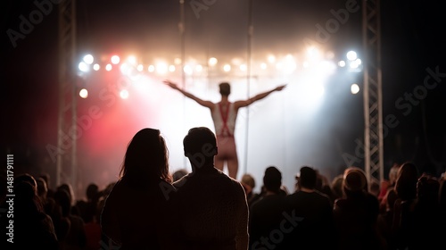 Captivating Trapeze Artist Leaps Through the Air With Outstretched Arms in a Dazzling Circus Show