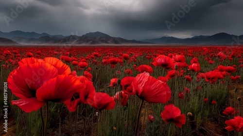 Vibrant poppy field in Afghanistan creates stunning natural backdrop with dark clouds looming overhead during daylight