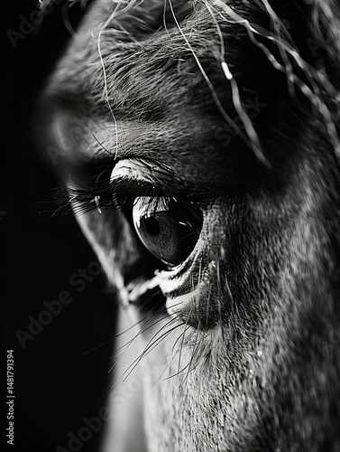 Close-up of a horse's head, featuring intricate textures, a bridle, and elegant monochrome tones.