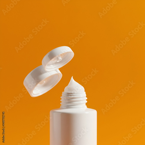 White cosmetic tube with sunscreen product, open and showing creamy product, on vibrant orange background. Cosmetic product display in studio setting.