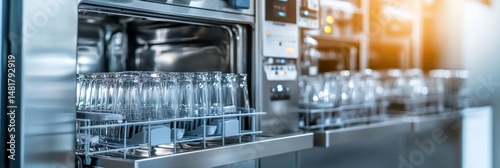 Commercial dishwashing: sparkling glassware in a professional kitchen with sleek design and soft focus background