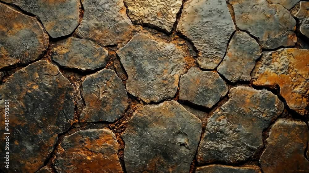 Close-up of a textured stone pavement, dark gray and rusty brown irregular shapes
