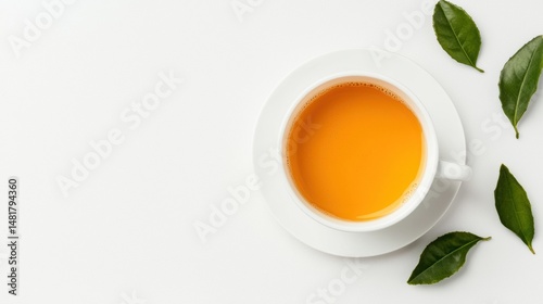 A cup of tea with a yellow tea bag and green leaves.