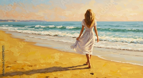 Woman Walking on Beach in White Dress Impressionism