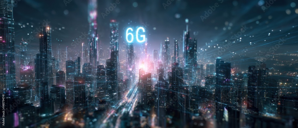 Fototapeta premium Futuristic city at night with 6 g network overlay