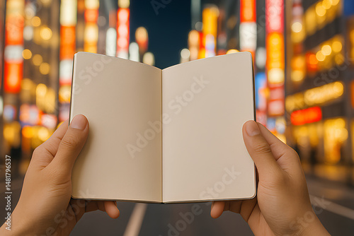 Blank Notebook for Mockup or Edit with Colorful Neon Lights in Urban Night Street Background