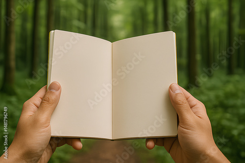 Blank Notebook for Mockup or Edit with Green Forest Nature Background