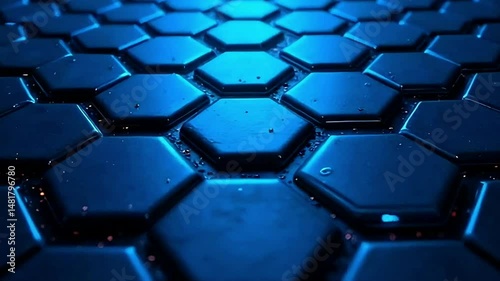 Moving hexagons illuminated in blue light. Infinitely looped animation. 3D Illustration, Generative AI