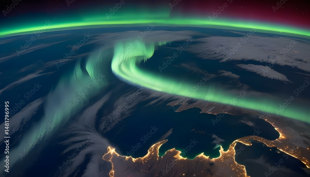 Fototapeta premium Spectacular view of the aurora borealis dancing above the earth in the dark night sky.