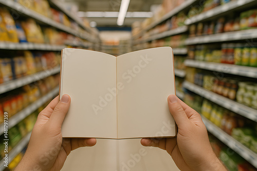 Blank Notebook for Mockup or Edit with Supermarket Aisle Background