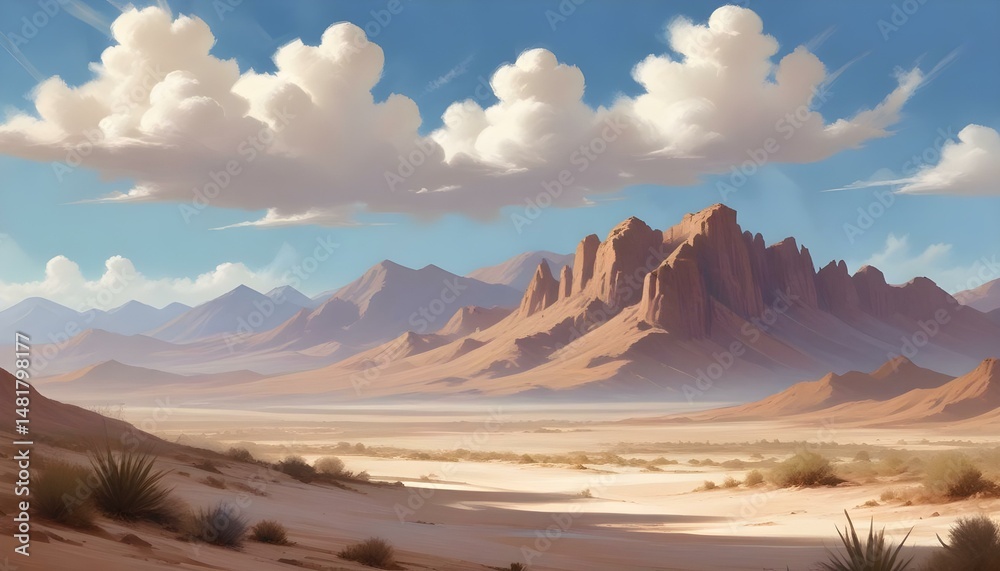 Fototapeta premium Stunning desert scenery featuring majestic mountains beneath a vibrant blue sky with fluffy clouds.