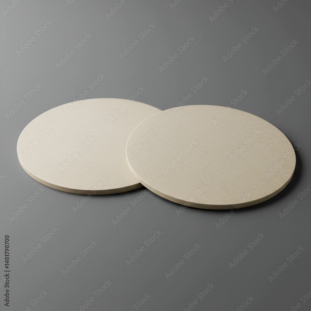 Two neutral beige coasters resting on a gray surface. Empty display of natural-tone coasters for branding and product presentation. Two neutral beige coasters resting on a gray surface. Empty display of natural-tone coasters for branding and product presentation.