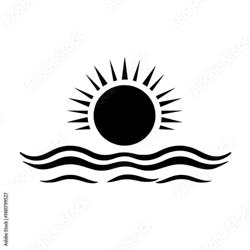 Minimalist black sun rising over ocean waves icon representing sunrise, weather, or seascape themes