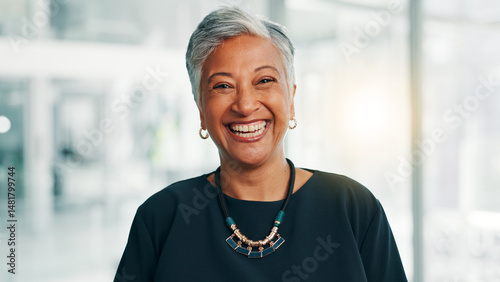 Canvas Print Portrait, business and mature woman laughing in office for investment, venture capital and funny