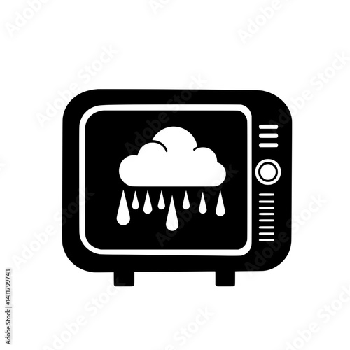 Old-fashioned television icon with a rain cloud and droplets representing weather reports or vintage media graphics