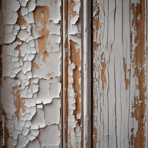 The weathered wood panel is adorned with a cracked white paint and brown undertones.