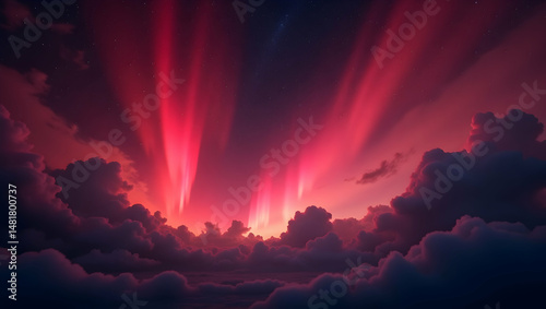 Spectacular Aurora Borealis Display, Vibrant Crimson Lights Illuminate the Night Sky with Ethereal Beauty and Celestial Wonder above Cloudscape
