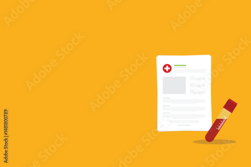 Blood test, analysis. Blood test icon. Medical analysis laboratory test. Medical sample in a plastic box and medical report.