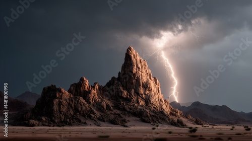 Jagged rock formation in the Namibian desert illuminated by lightning during a dramatic storm