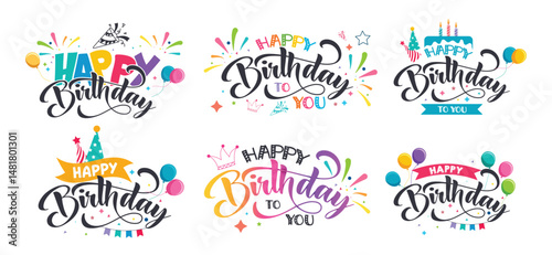 Happy birthday typography colorful clipart set. Birthday calligraphy, text, wishes, font and lettering clip art for greeting and message collection vector illustration. 
