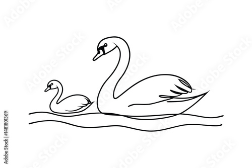 Simple black and white illustration of a swan with a baby swan floating on water