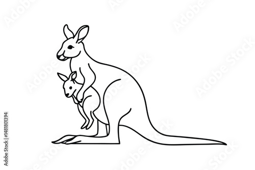 Simple black and white outline illustration of a mother kangaroo and joey