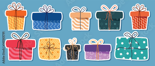 Gift boxes stickers colorful clipart set. Gift box outline sticker drawing elements clip art collection in blue background vector illustration. 
