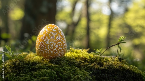 Ornate yellow Easter egg resting on mossy forest floor.